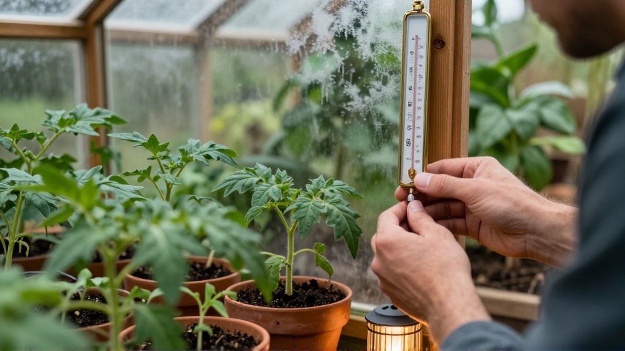 Manos de un jardinero ajustando un termómetro de latón en un invernadero con plantas jóvenes.