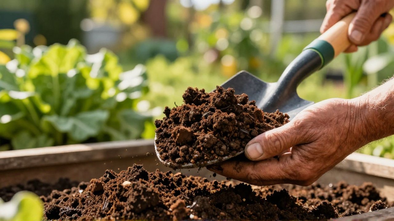 Manos curtidas sostienen una pala con compost oscuro y fértil en un huerto soleado.