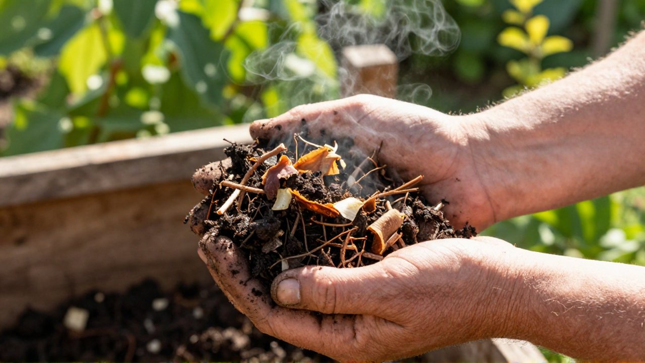 Manos sucias sostienen compost incompleto con restos de vegetales y ramas en un jardín soleado.