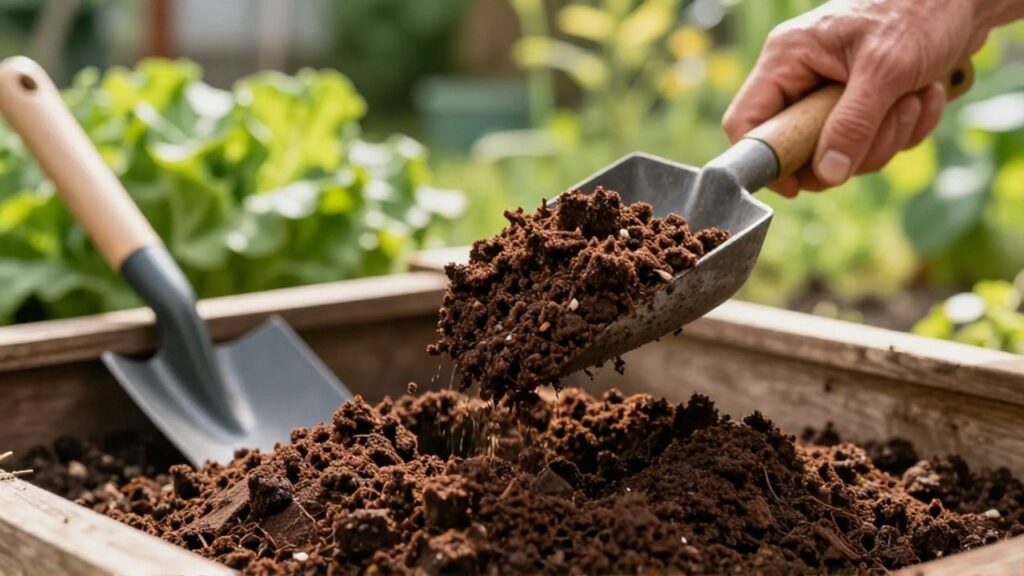 Manos de un jardinero sostienen un puñado de compost oscuro y granulado en un huerto.