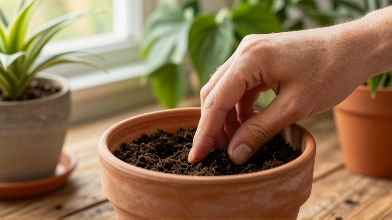 Una mano presiona la tierra húmeda de una maceta de terracota para comprobar su humedad.