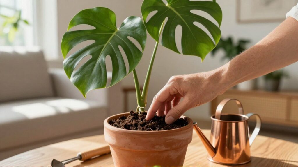 Una mano comprueba la humedad de la tierra de una planta Monstera en un salón luminoso.
