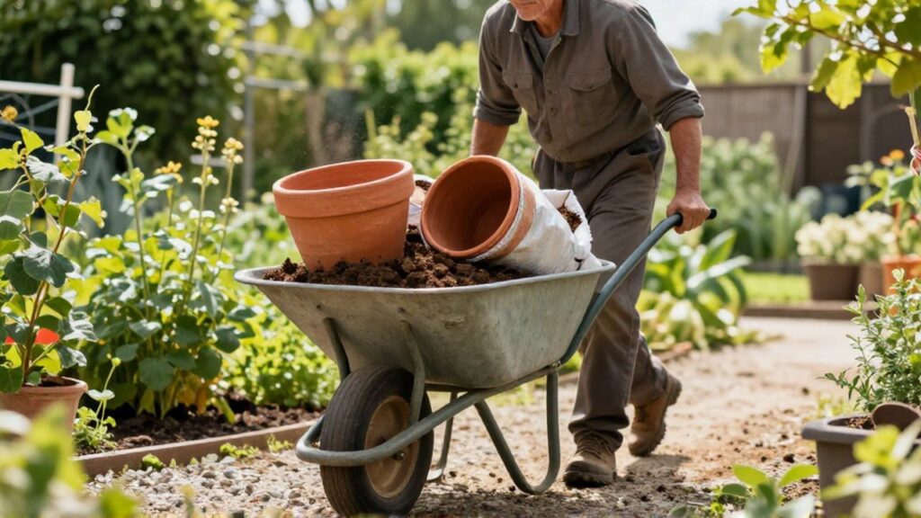 Jardinero esforzándose al empujar una carretilla cargada de macetas y tierra por un jardín soleado.