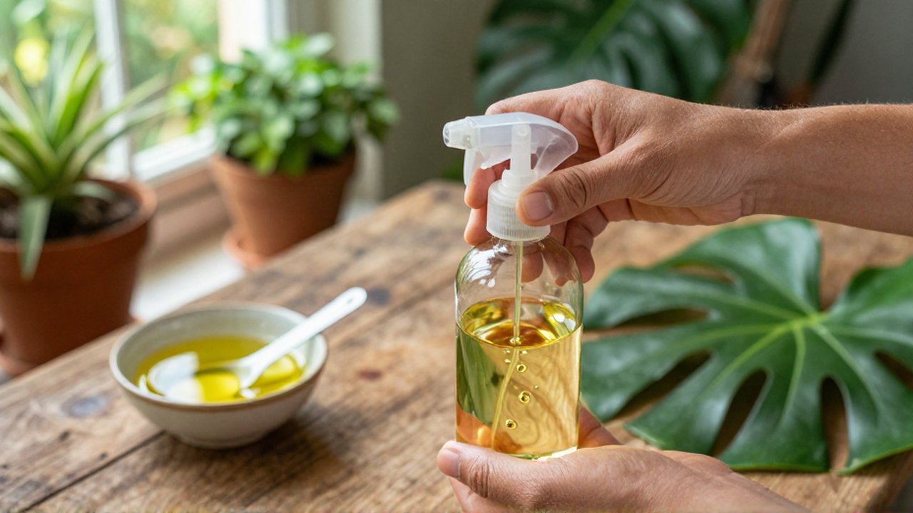 Manos vertiendo aceite de neem en una botella de agua sobre una mesa de madera en un jardín.
