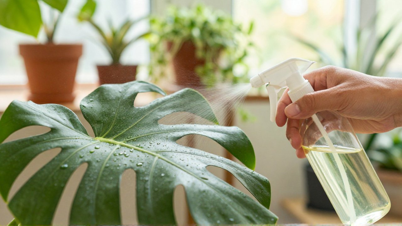 Una mano rocía con un atomizador el envés de una hoja de monstera en un entorno de plantas de interior.