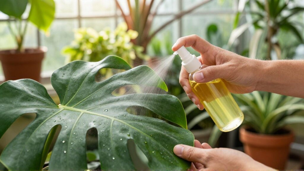 Manos aplican una solución de aceite de neem con un pulverizador sobre las hojas de una monstera.