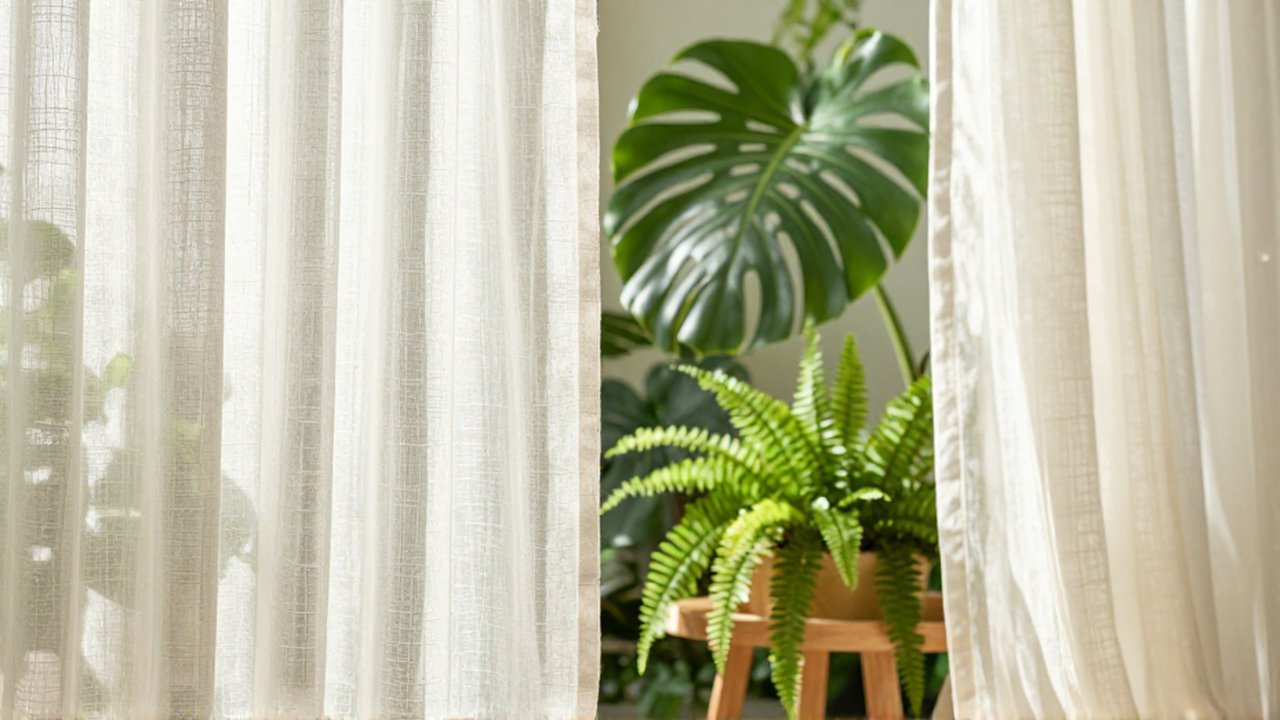 Cortinas de lino translúcido filtran la luz solar sobre plantas verdes en un rincón luminoso.