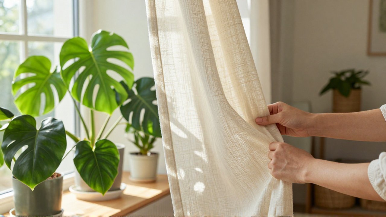 Manos ajustando una cortina de lino para tamizar la luz solar sobre plantas de interior.