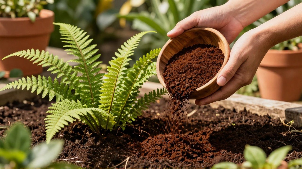 Unas manos esparcen posos de café sobre la tierra de un helecho en un jardín.