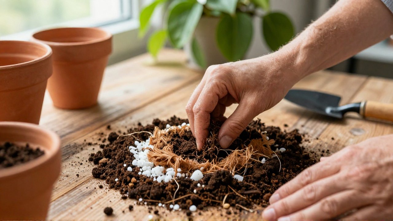 Manos de un jardinero mezclan componentes de sustrato sobre un banco de madera rústica.