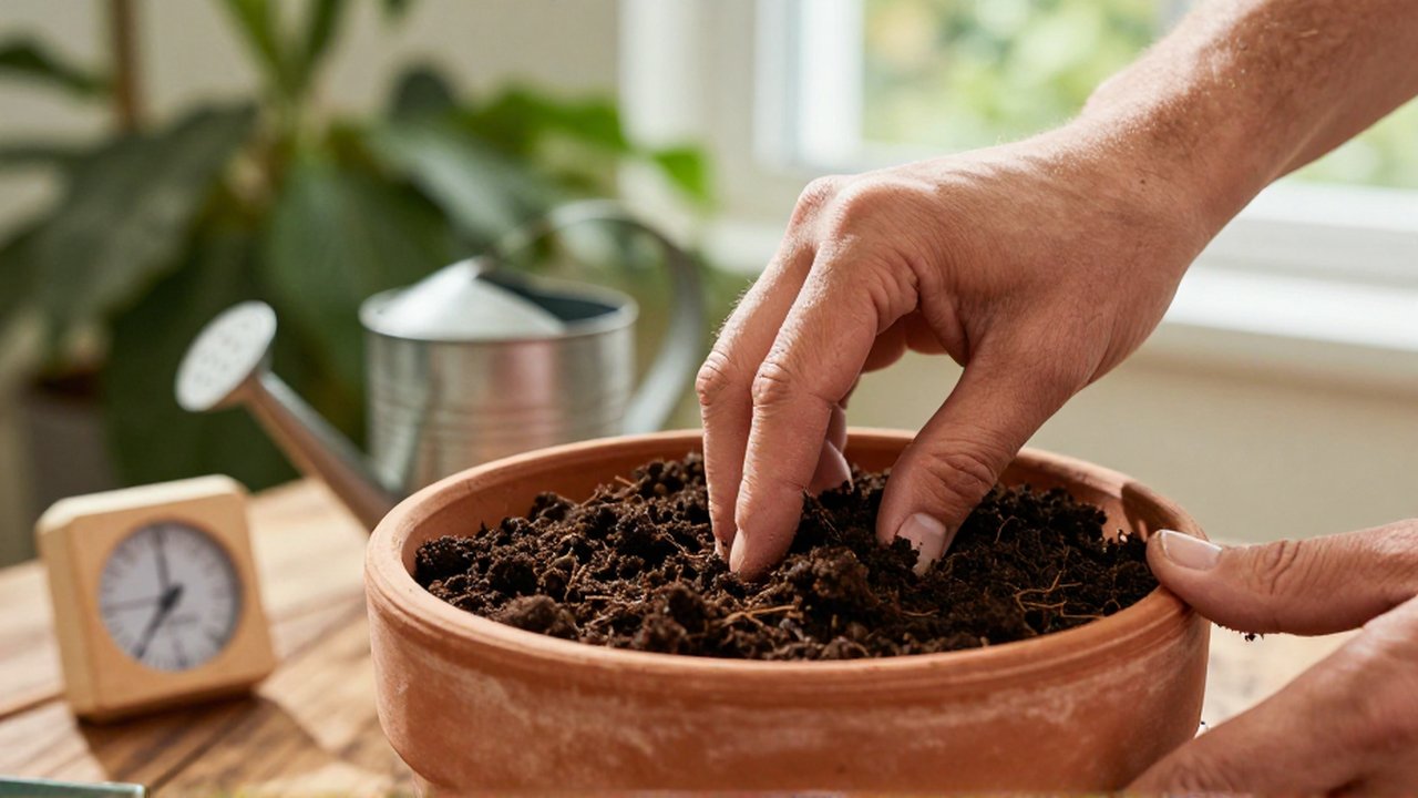 Manos de un jardinero presionando la tierra húmeda de una maceta para comprobar su humedad.