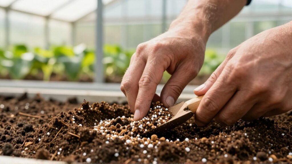 Manos de un jardinero mezclando perlita y compost en tierra oscura dentro de un invernadero iluminado.