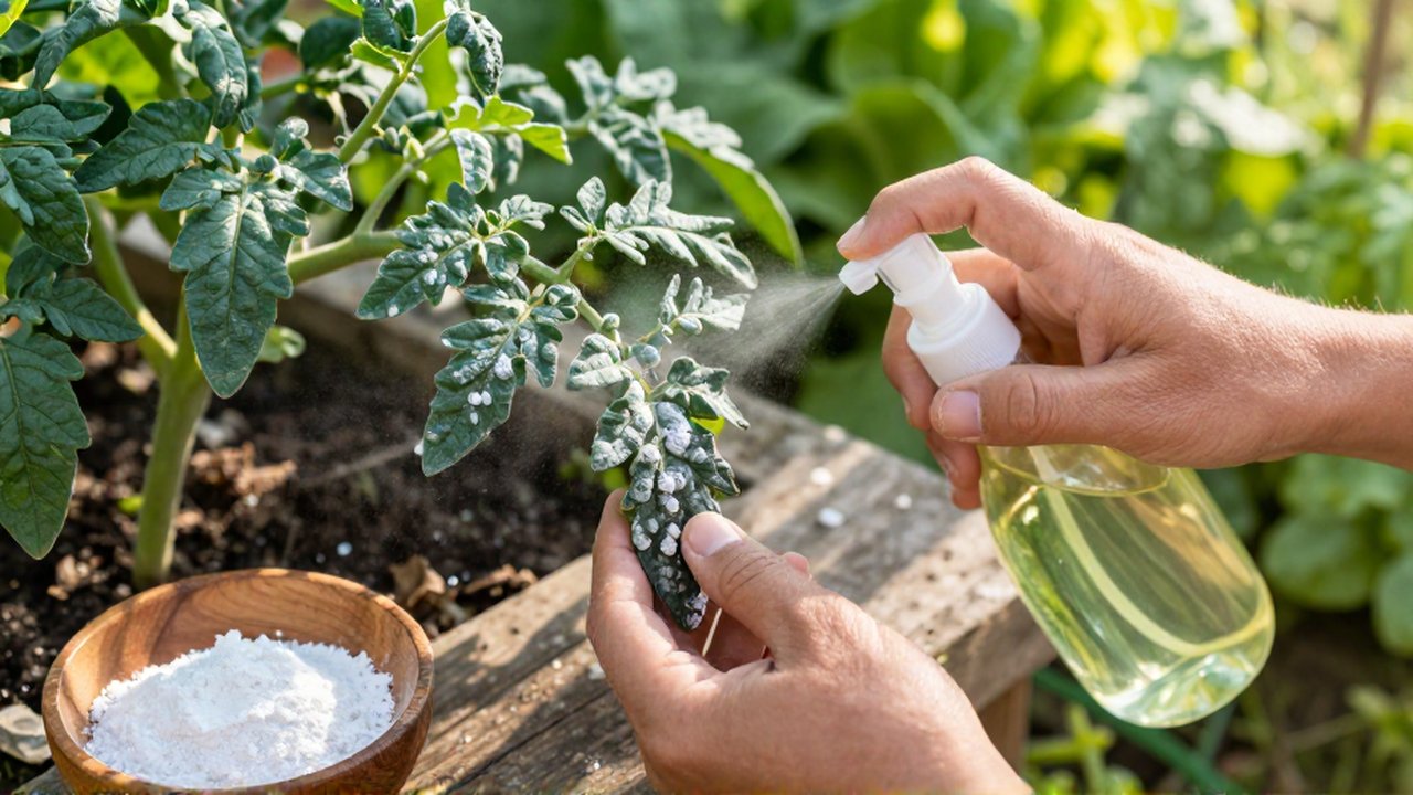 Unas manos rocían una solución natural sobre una hoja de tomate afectada por mildiu blanco en un huerto.