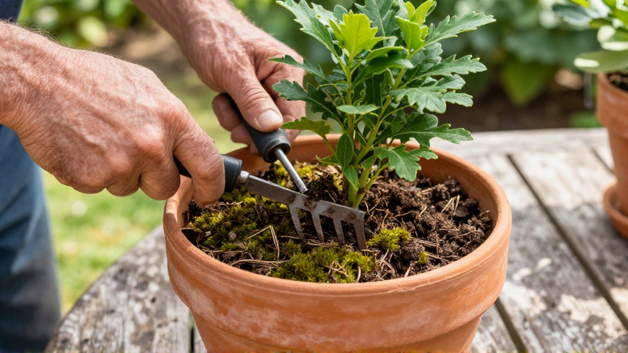 Manos de jardinero usan una pequeña herramienta manual para limpiar musgo de una planta en una maceta de terracota.