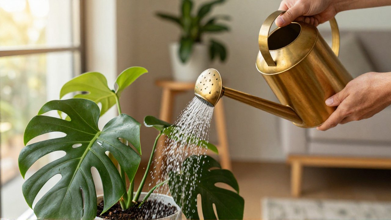 Manos regando con precisión la base de una planta Monstera usando una regadera de latón.