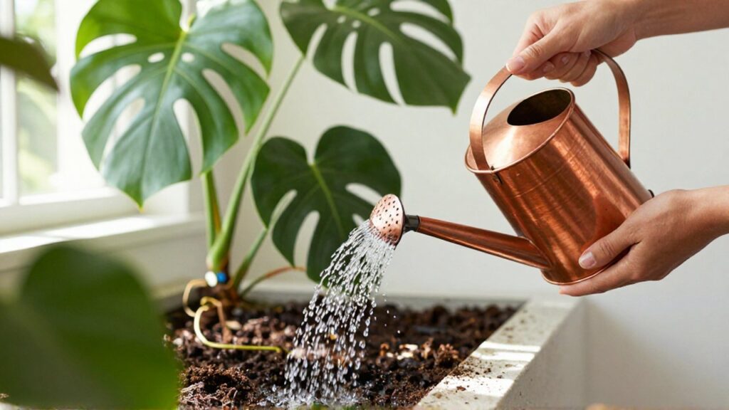 Manos regando con cuidado una planta de interior usando una regadera de cobre.