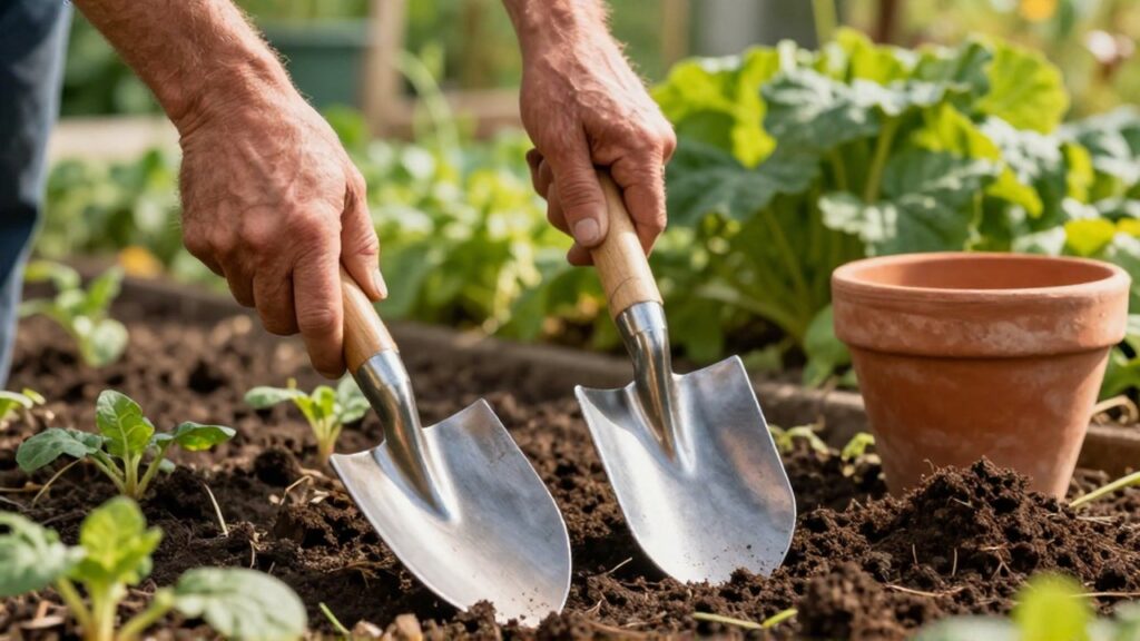 Manos de un jardinero sostienen una pala de punta redonda y una de punta cuadrada sobre tierra fértil.