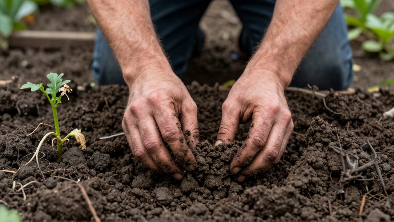 Manos de jardinero intentando desmenuzar materia orgánica apelmazada y excesivamente húmeda en un suelo compactado.