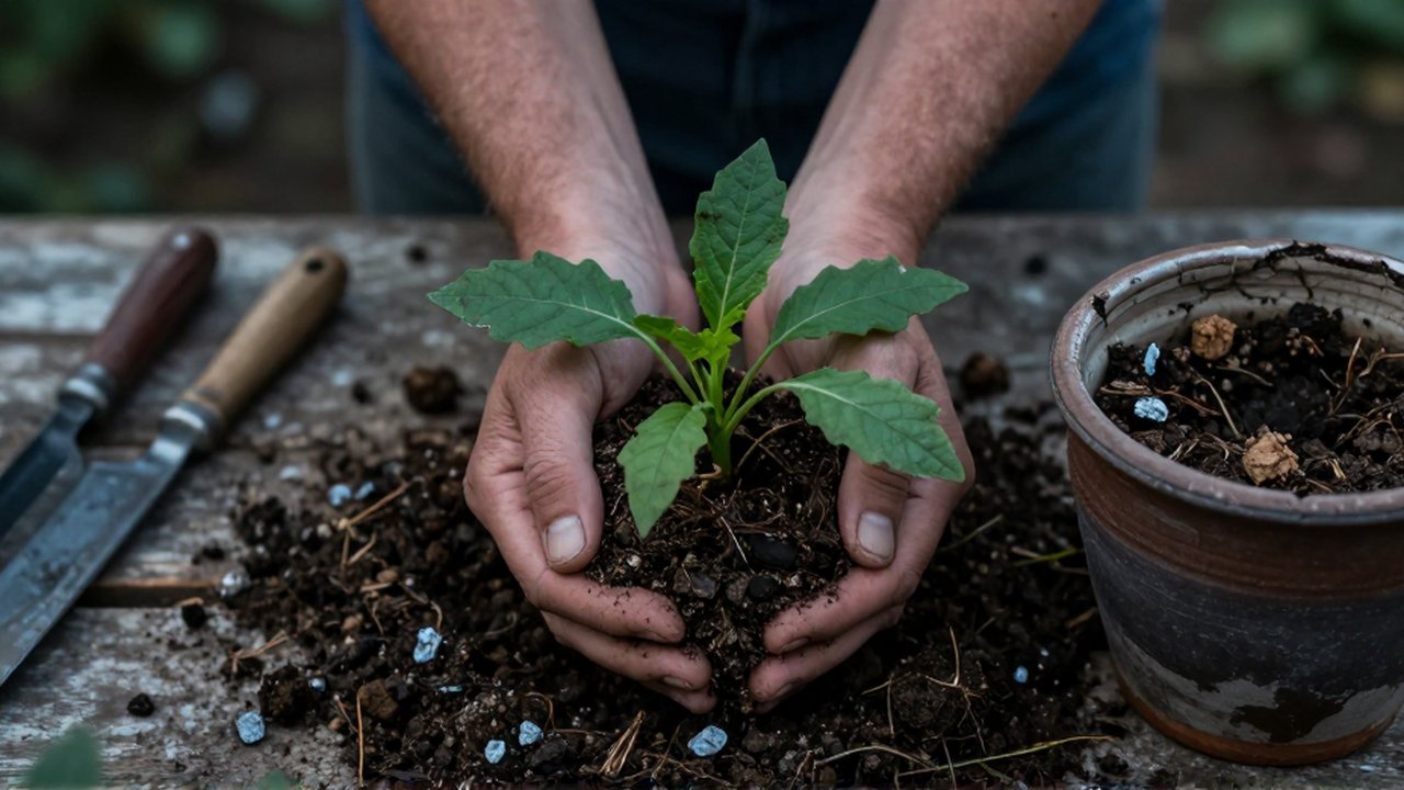 Unas manos trasplantan una planta marchita en un suelo contaminado con cenizas y desechos.