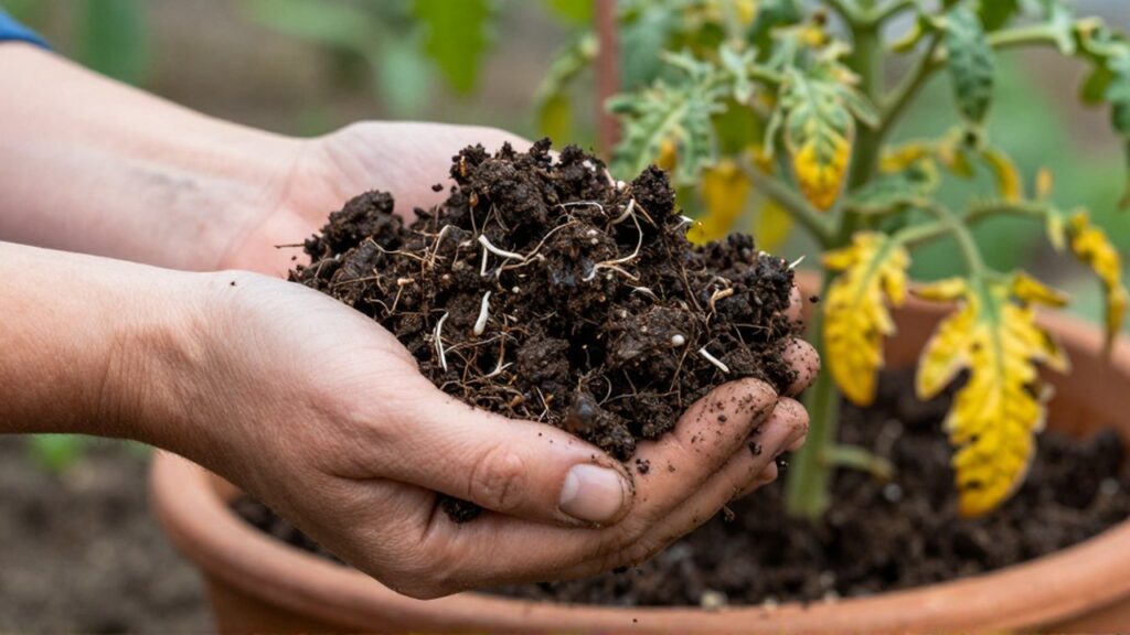 Manos de jardinero sostienen tierra oscura y en descomposición con larvas frente a un tomate marchito.