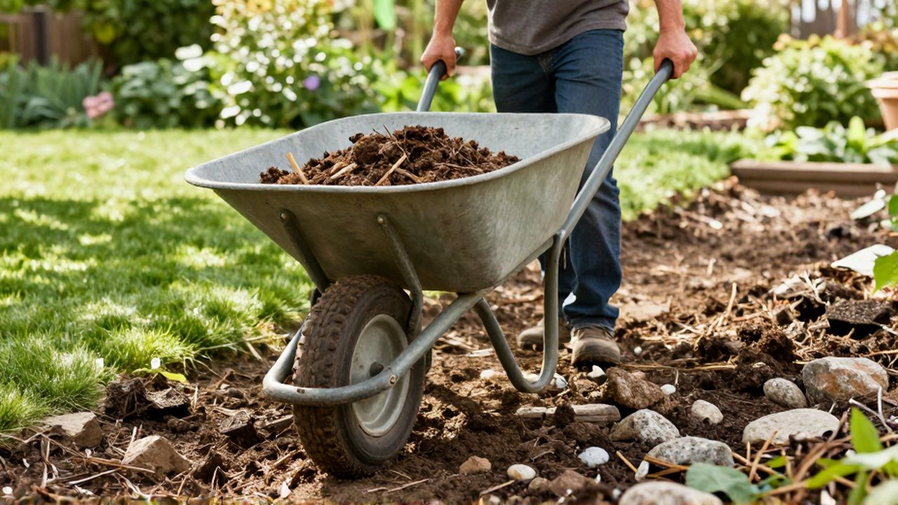 Manos de un jardinero empujando una carretilla con compost a través de un terreno irregular.