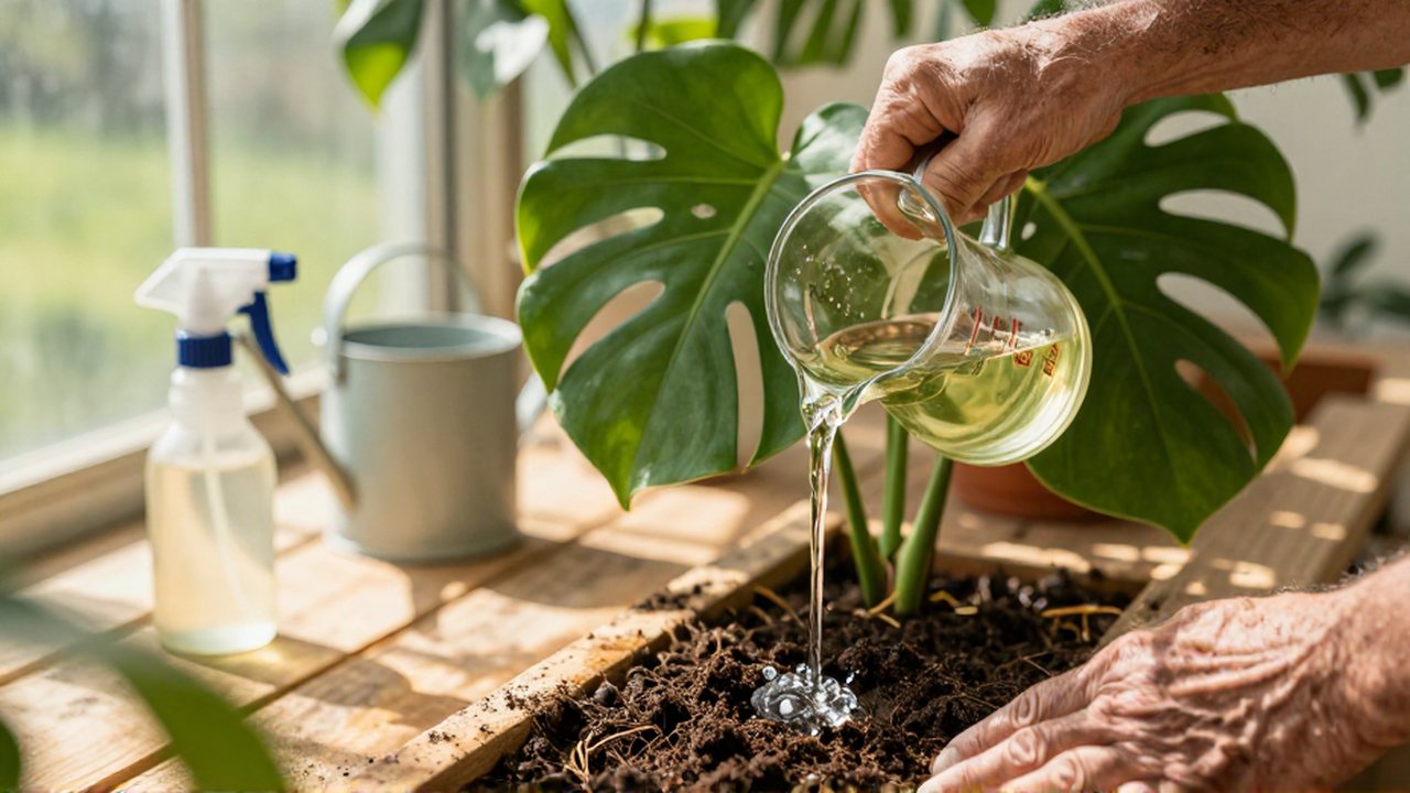 Manos de jardinero vertiendo fertilizante líquido en la tierra de una planta Monstera en un invernadero.