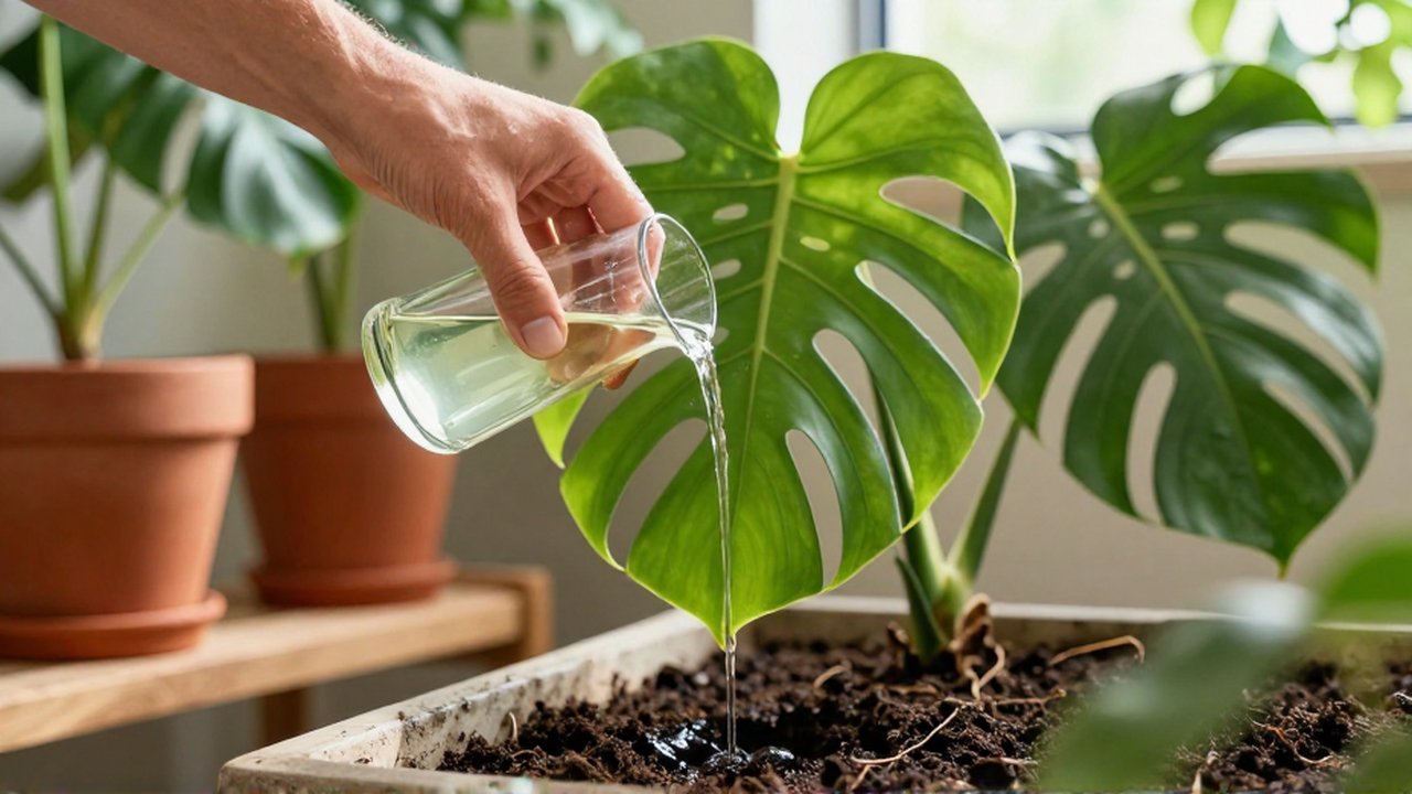 Manos de jardinero vertiendo fertilizante líquido en la tierra de una planta Monstera Deliciosa.