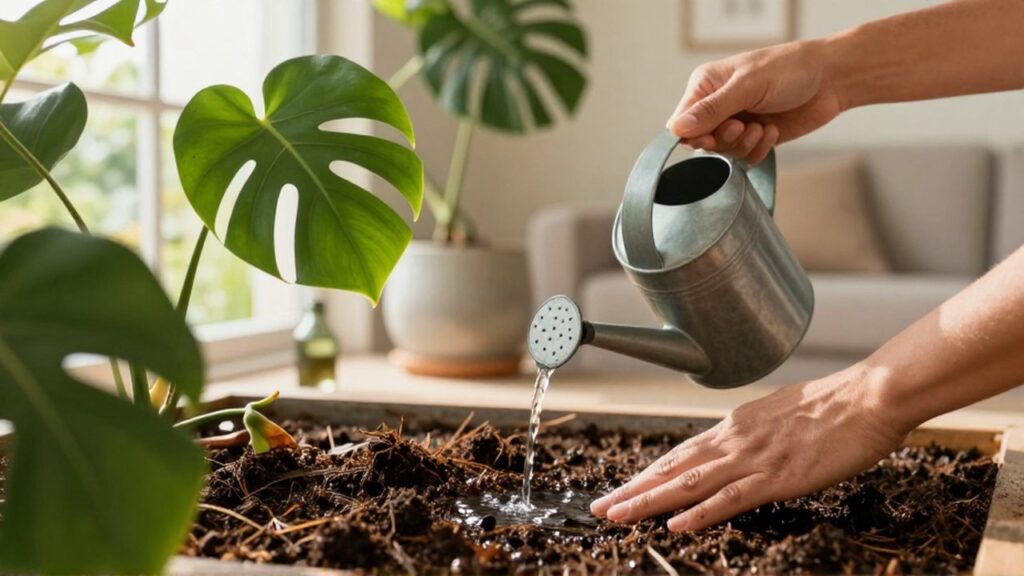 Manos de jardinero vertiendo fertilizante líquido en la base de una planta Monstera en una sala iluminada.
