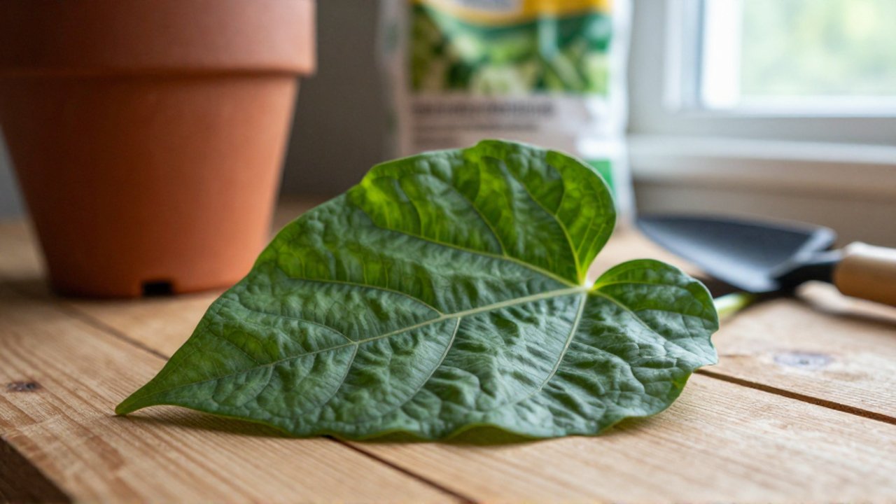 Primer plano de una hoja verde con venas oscuras y engrosadas sobre un banco de madera.
