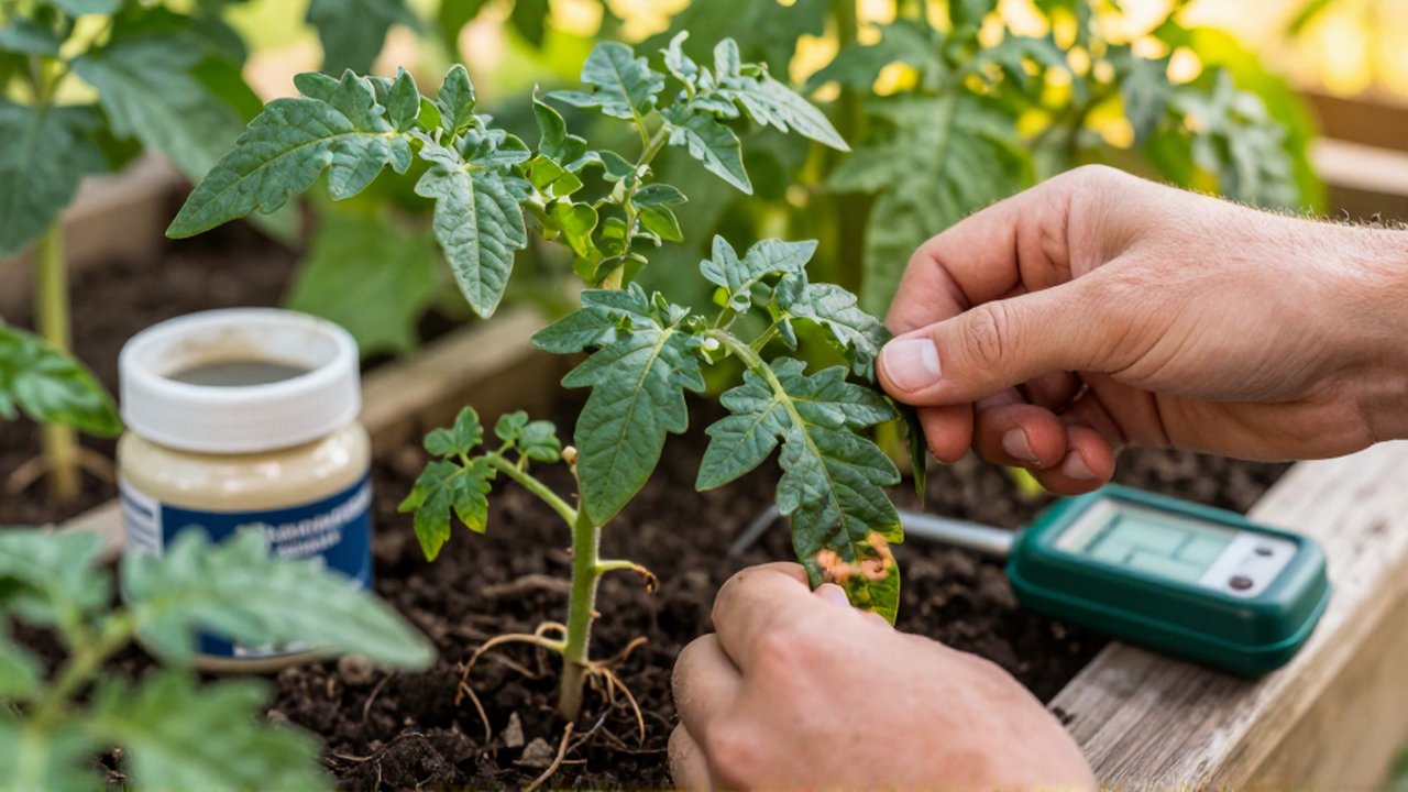 Manos de un jardinero examinan de cerca las hojas oscuras y atrofiadas de una planta de tomate.