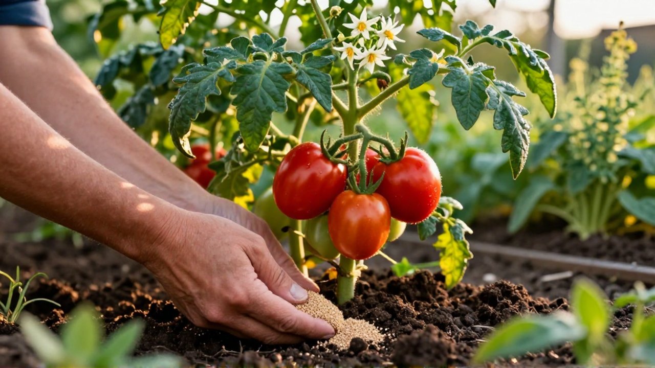 Manos de un jardinero aplicando fertilizante orgánico en la base de una planta de tomate madura.