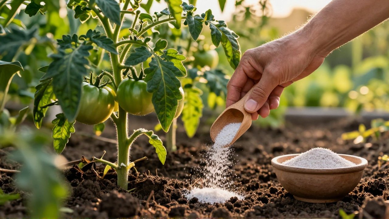 Unas manos esparcen fertilizante granulado sobre la tierra húmeda al pie de una planta de tomate.