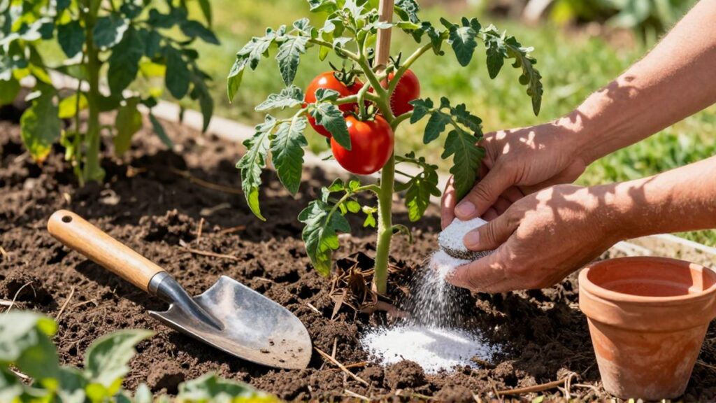 Unas manos esparcen fertilizante orgánico granular en la base de una planta de tomate en un jardín.