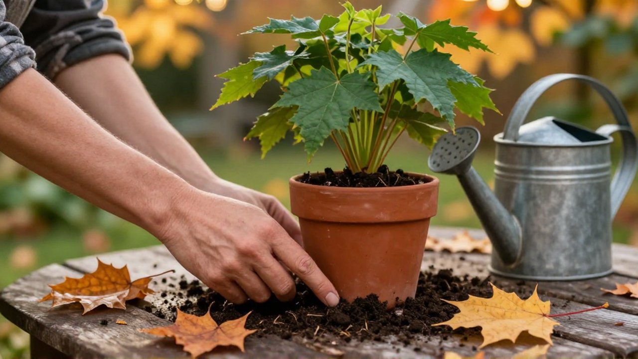 Un jardinero comprueba la humedad de la tierra de una planta sobre una mesa de madera.