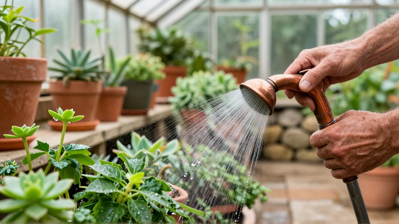 Manos de jardinero riegan plantas de hierbas mediterráneas con una fina bruma de agua.