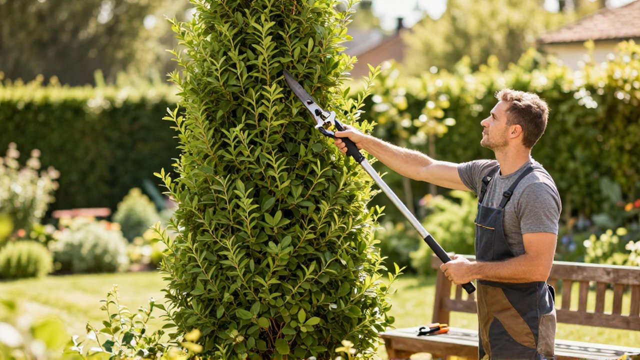 Jardinero podando un seto alto con una tijera de pértiga en un jardín soleado.