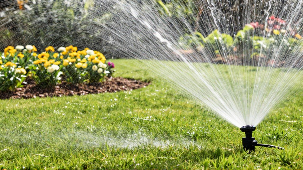 Un aspersor moderno rocía un arco de agua sobre un césped verde y flores en un jardín.