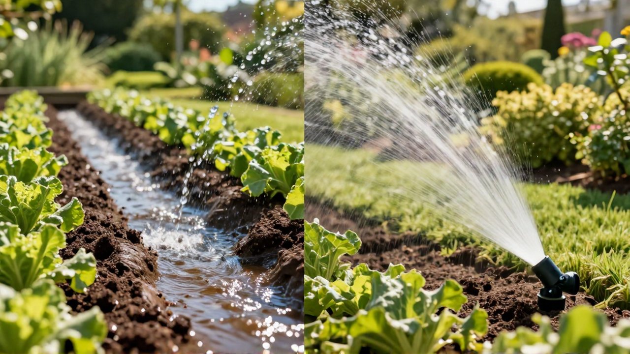 Comparativa en pantalla dividida entre riego por inundación en canales de tierra y un aspersor pulverizando agua.
