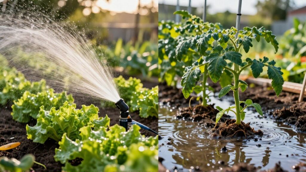 Comparación dividida entre un aspersor pulverizando lechugas y un riego por inundación en plantas de tomate.