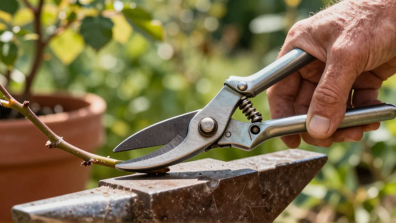 Mano de jardinero usando unas tijeras de poda de yunque para cortar un tallo leñoso en un jardín soleado.