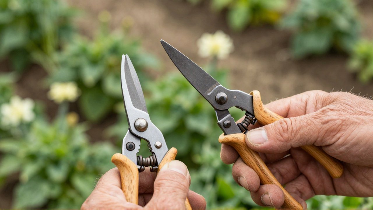 Manos de un jardinero comparan de cerca unas tijeras de poda de bypass y de yunque.