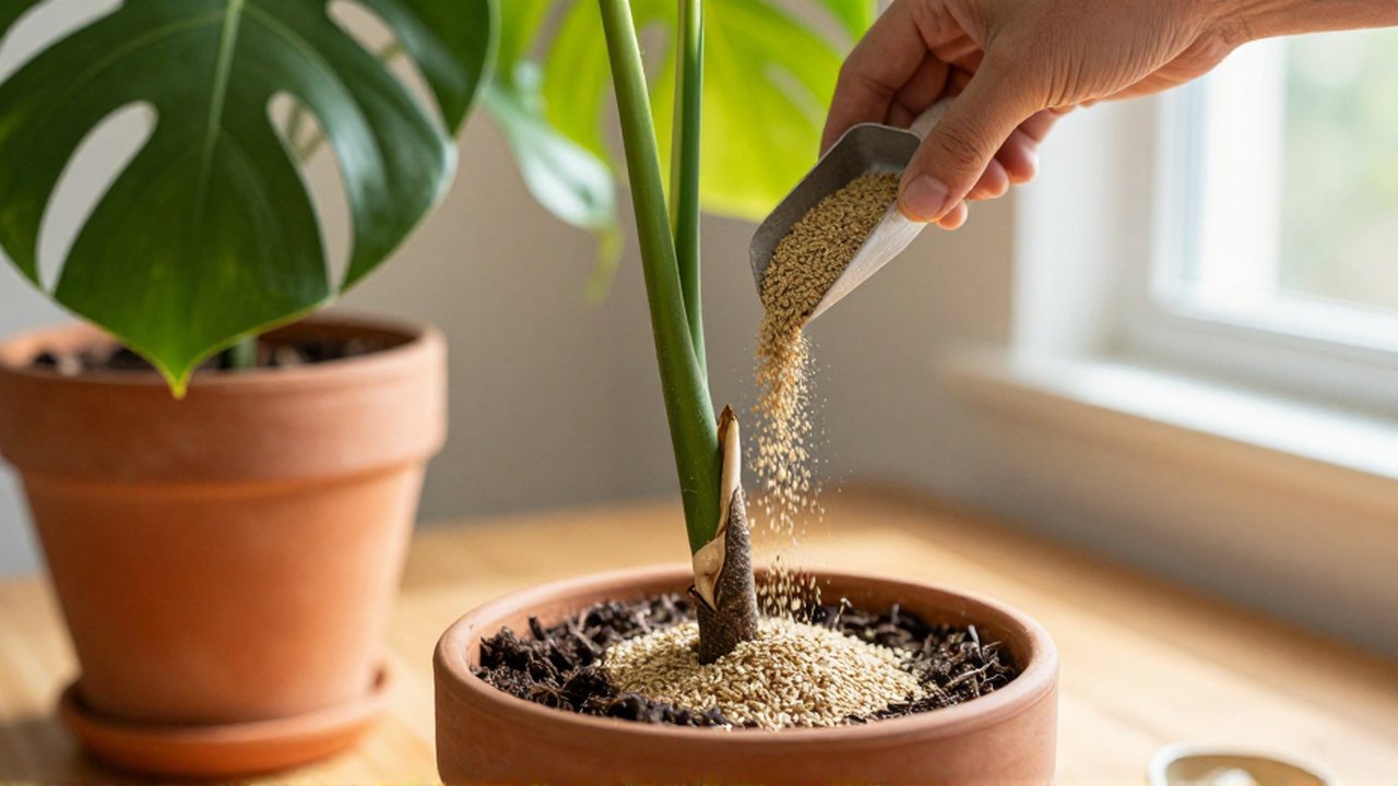 Mano de jardinero vertiendo fertilizante granular directamente contra el tallo central de una Monstera.