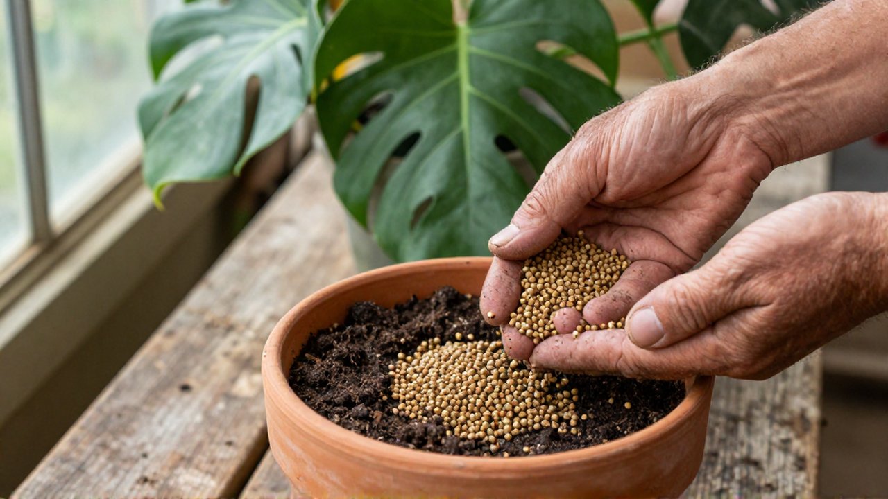 Manos de jardinero dejan caer pellets de fertilizante sobre la tierra húmeda de una planta Monstera.