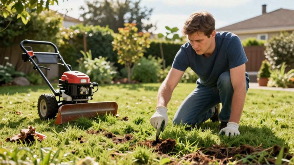 Jardinero con guantes inspecciona preocupado un césped con exceso de restos tras usar una escarificadora.