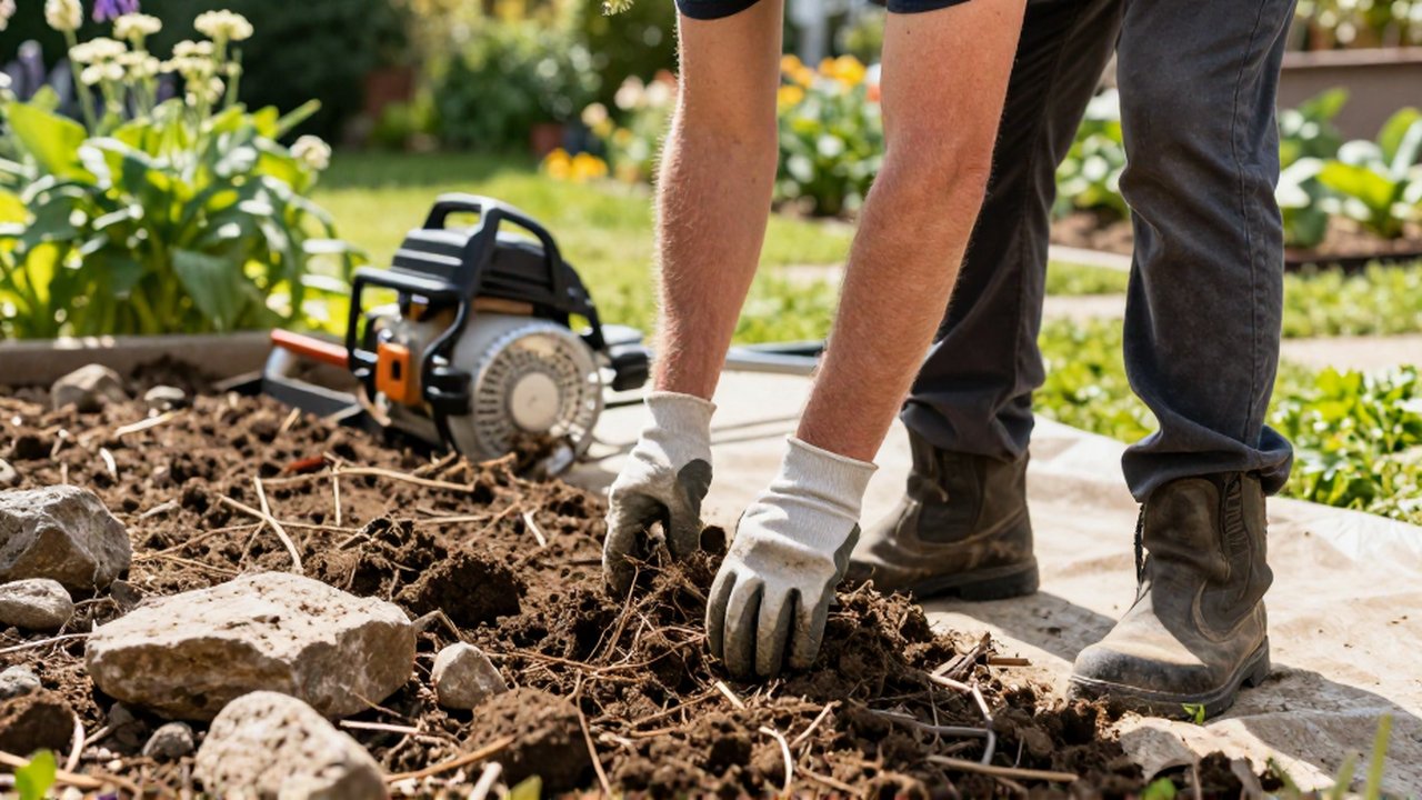 Un jardinero con guantes limpia la tierra y retira piedras en un jardín soleado.