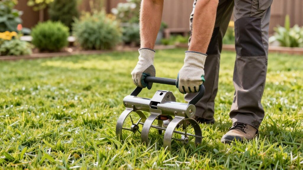 Un jardinero con guantes protectores inspecciona las cuchillas metálicas de una scarificadora en un césped.