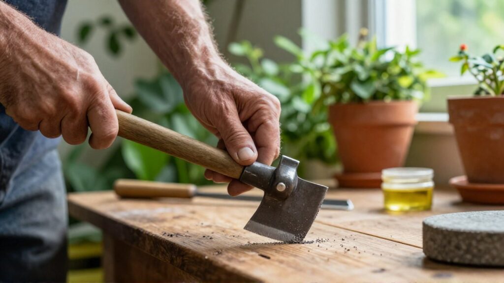 Manos experimentadas afilan el filo de una azada metálica sobre un banco de madera en un taller de jardín.