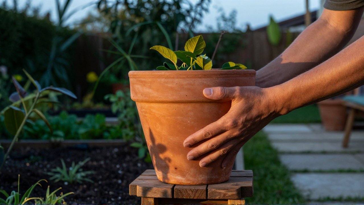 Manos colocando con cuidado una maceta de terracota sobre un soporte de madera en un jardín.