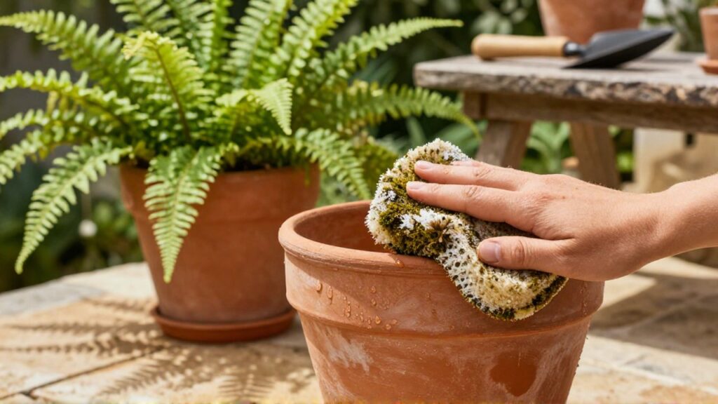 Una mano limpia una maceta de terracota con una esponja en una terraza mediterránea soleada.