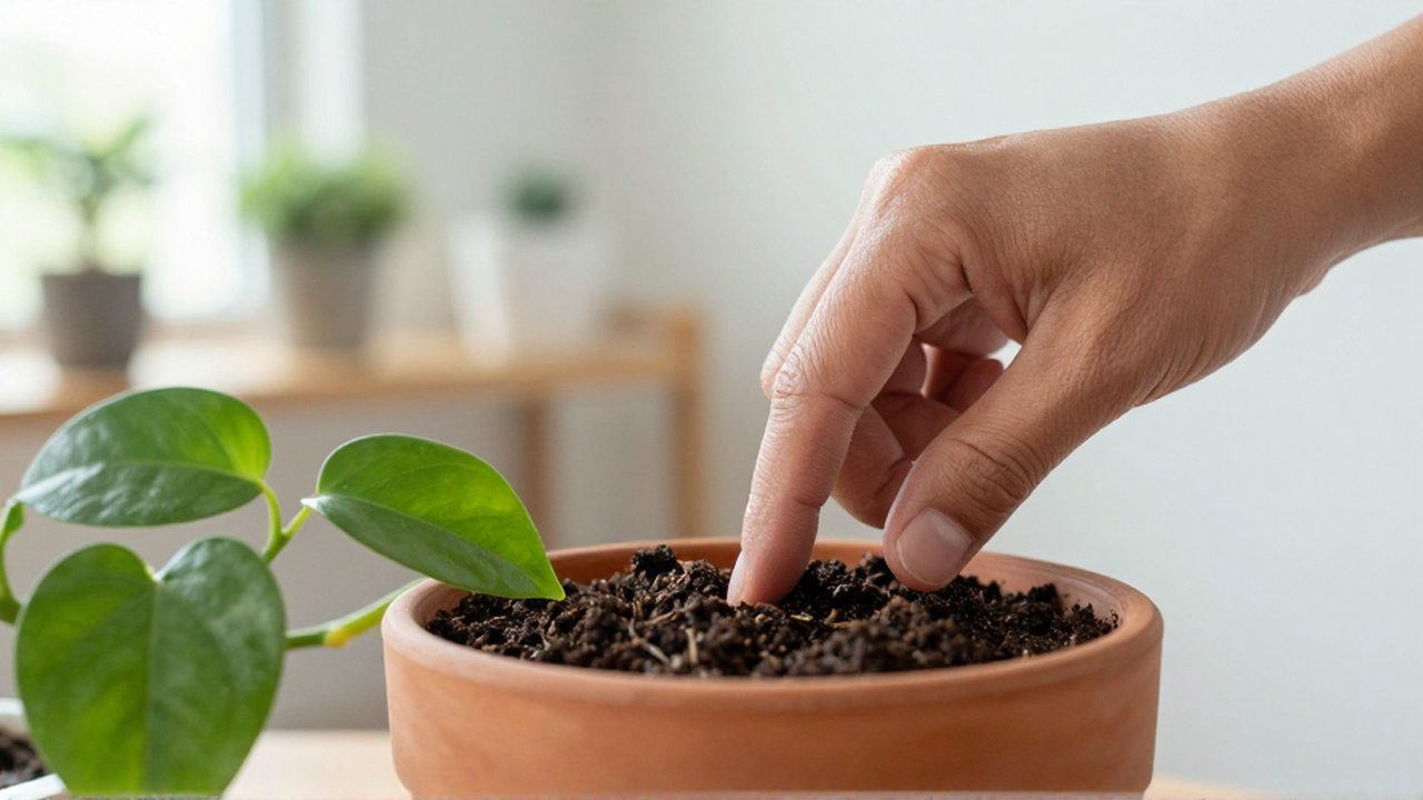 Una mano presiona la tierra de una planta de interior para comprobar su humedad.